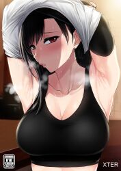 1girls armpit_lips armpits arms_up black_hair blush breasts collarbone earrings female female_only final_fantasy final_fantasy_vii final_fantasy_vii_remake highres jewelry long_hair midriff_peek red_eyes solo sports_bra square_enix sweat sweatdrop tifa_lockhart xtermination