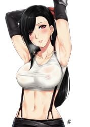 1girls armpits arms_up black_hair blush breasts earrings female female_only final_fantasy final_fantasy_vii highres jewelry long_hair nipples no_bra red_eyes see-through solo square_enix steaming_body sweat tifa_lockhart white_background xtermination