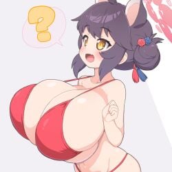 ? allied_hyakkiyako_academy_student animal_ears bikini blue_archive blush breasts commentary female grey_background hair_bun hair_ornament halo highres huge_breasts inner_discipline_club_(blue_archive) kaede_(blue_archive) oerba_yun_fang open_mouth purple_hair red_bikini shirogane_hakuba short_hair shortstack sidelocks simple_background skin_fang solo speech_bubble standing swimsuit upper_body white_background yellow_eyes