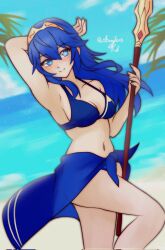 1girls alternate_costume arm_behind_head armpits bare_midriff bare_thighs beach bikini blue_bikini blue_eyes blue_hair blue_swimsuit breasts cleavage female female_only fire_emblem fire_emblem_awakening long_hair looking_at_viewer lucina_(fire_emblem) midriff nintendo ocean outdoors rotomdocs small_breasts solo spear swimsuit symbol-shaped_pupils thighs tiara weapon