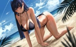 1girls 2023 absurdres bare_shoulders barefoot beach bikini black_bikini black_choker blue_eyes blue_hair breasts choker cleavage closed_mouth female hair_intakes halterneck highres hololive hololive_english hololive_english_-council- hololive_english_-promise- large_breasts long_hair ouro_kronii outdoors smile solo steb string_bikini swimsuit virtual_youtuber