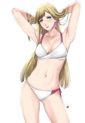 armpits arms_up bikini blonde_hair blue_eyes blush bra breasts collarbone earrings female gigi_andalusia gundam gundam_hathaway's_flash highres jewelry lipstick long_hair makeup navel panties solo swimsuit underwear xtermination