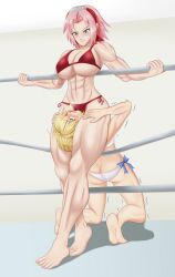 2girls artoria_pendragon asphyxiation blonde_hair blush catfight choking crossover draalenrad fate/zero fate_(series) female female_only femdom femsub forehead_mark green_eyes head_between_legs head_between_thighs headscissor headscissors large_ass looking_back multiple_girls muscular_female muscular_thighs naruto naruto_(series) open_mouth pink_hair saber sakura_haruno short_hair thick_thighs wrestling wrestling_ring yuri