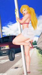 1girls 3d arrancon blonde_female blonde_hair car grimmed long_hair long_hair_female pole_dancing ponytail public purple_eyes robotic_arm rwby yang_xiao_long