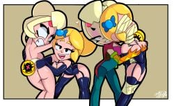 angry ass ass_focus ass_grab blindfold blonde_hair bound bound_arms brawl_stars breast_grab breasts charlie_(brawl_stars) dominant dominant_female domination dominatrix femdom hair_bondage latex latex_gloves latex_suit latex_thighhighs papersketch pink_nipples piper_(brawl_stars) wedgie