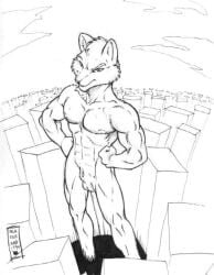 animal_genitalia anthro athletic athletic_anthro athletic_male biceps building canid canine canis cloud fist genitals hands_on_hips high-angle_view line_art looking_at_viewer macro male mammal max_blackrabbit nipples pecs pen_(artwork) quads sheath sky smile solo traditional_media_(artwork) wolf