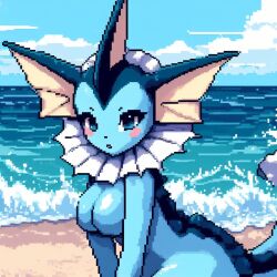 ai_generated blue_body blue_tits bottomless breasts eeveelution eyes female fins looking_at_viewer pixel_art pokemon pokemon_(species) posing posing_for_the_viewer shore solo vaporeon