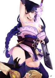 1boy 1boy1girl 1girls aether_(genshin_impact) arm_up armpits armwear assertive_female black_underwear blonde_hair blush blushing breasts genshin_impact girl_on_top glaring highres hoyoverse kimono long_hair looking_down milf mole mole_under_eye obi panties purple_eyes purple_fingernails purple_hair purple_kimono raiden_shogun serious sword tagme thighhighs thighs torn_clothes torn_clothing underwear xtermination yellow_eyes