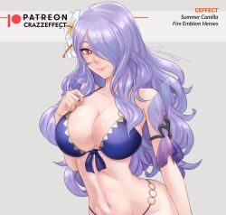 1girls alternate_costume bare_midriff bare_shoulders bikini blue_bikini blue_swimsuit breasts camilla_(fire_emblem) camilla_(summer)_(fire_emblem) cleavage commentary crazzeffect female female_only fire_emblem fire_emblem_fates fire_emblem_heroes flower grey_background hair_flower hair_ornament hair_over_one_eye highres kneeling large_breasts long_hair looking_at_viewer midriff navel nintendo official_alternate_costume pink_eyes purple_hair simple_background solo stomach swimsuit upper_body very_long_hair white_flower