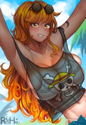 1girls alternate_version_available big_breasts bikini bikini_top black_tank_top blue_shorts blush bottomwear breasts bursting_breasts cleavage clothing female female_only hair headwear huge_breasts long_hair nami nami_(one_piece) one_piece orange_eyes orange_hair post-timeskip rezeharu sfw_version shorts smile solo solo_female sunglasses sunglasses_on_head tank_top topwear transparent_clothing white_bikini white_bikini_top