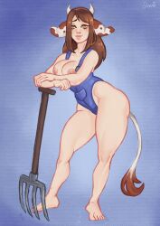 barefoot breasts_out brown_eyes brown_hair commission commissioner_upload cow_ears cow_girl cow_tail emily(blarghonator) horns jenniferrdarts large_breasts leotard original original_character overalls pinup pinup_pose pitchfork the_city_of_reygarth thick_thighs thighs