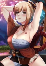 armpits arms_up bandaged_leg bandages blush breasts chest_tattoo choker cleavage fireworks genshin_impact hair_ornament hat highres hoyoverse large_breasts looking_up night night_sky orange_eyes peeking_out sarashi shimenawa sky smile tattoo vision_(genshin_impact) wakipai xtermination yoimiya_(genshin_impact)