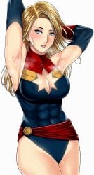 1girls armpit_fetish armpits arms_up blonde_hair blue_eyes blush breasts captain_marvel carol_danvers female female_only highres long_hair marvel simple_background solo sweat sweaty_armpits white_background xtermination