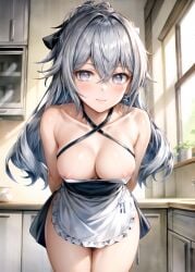 1girls ai_generated apron areola_slip arms_behind_back bangs bare_shoulders black_apron blush breasts bronya_zaychik cleavage closed_mouth collarbone cowboy_shot criss-cross_halter crossed_bangs dress earrings edosynf female female_only frilled_apron frills grey_eyes grey_hair hair_between_eyes halterneck highres honkai:_star_rail honkai_(series) honkai_impact_3rd indoors jewelry kitchen large_breasts leaning_forward long_hair looking_at_viewer nipple_slip nipples ponytail solo standing thighs waist_apron white_apron window