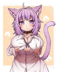 1girls animal_ears big_breasts blush boob_window breasts cat_ears cat_tail catgirl collar female hands_on_breasts hololive hololive_gamers hololive_japan neko_ears neko_girl neko_tail nekomata_okayu pink_ears pink_tail violet_eyes violet_hair virtual_youtuber white_clothing