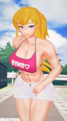 1girls 3d abs arrancon big_breasts bimbo blonde_female blonde_hair grimmed long_hair long_hair_female ponytail purple_eyes rwby sideboob yang_xiao_long