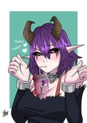 1girls bare_shoulders black_sclera bracelet clothed collar cup demon demon_girl demon_horns drink drinking el_diario_de_jonathan female haikon_knight heart histeria horns object_between_breasts pointy_ears purple_hair red_eyes short_hair solo solo_female straw