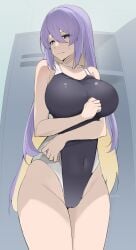 1girls 2023 belly big_breasts breasts byeon_dha cameltoe covered_navel female hair_between_eyes highleg_swimsuit hololive hololive_indonesia hololive_indonesia_area_15 large_breasts locker locker_room lockers long_hair moona_hoshinova navel one-piece_swimsuit purple_eyes purple_hair solo standing swimsuit swimwear thick_thighs thighs tight_swimsuit tight_swimwear two_tone_hair virtual_youtuber wavy_mouth