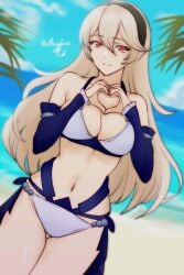 1girls alternate_costume bare_midriff bare_thighs beach bikini blonde_hair breasts cleavage corrin_(fire_emblem) corrin_(fire_emblem)_(female) detached_sleeves female female_only fire_emblem fire_emblem_fates gesture hairband heart_hands higher_resolution_available long_hair long_sleeves looking_at_viewer medium_breasts midriff nintendo ocean outdoors pointy_ears red_eyes rotomdocs smile solo swimsuit thighs very_long_hair white_bikini white_swimsuit