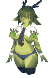 1girls 2023 antlers big_breasts blep blush blush_lines breasts cervid cervine deer deer_ears deer_girl deer_tail emoji_censor female female_only furry furry_only green_body green_fur green_hair hazel_eyes looking_at_viewer mlem navel neck_fluff o3onatsu simple_background tail tie tongue tongue_out