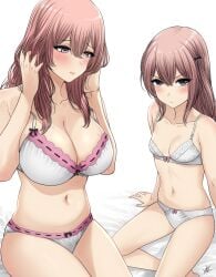 2girls bare_arms bare_belly bare_stomach bed_sheet big_breasts bigger_female black_ribbon blush bra breast_size_difference breasts brown_eyes brown_hair cleavage closed_mouth curvy eyebrows_visible_through_hair eyelashes_visible_through_hair female female_only hair_between_eyes hand_on_hair height_difference highres hourglass_figure huge_breasts inui_sajuna inui_shinju lace lace-trimmed_bra lace_trim large_breasts legs lingerie lingerie_bra lingerie_only lingerie_panties long_hair long_hair_female looking_at_viewer looking_down multiple_girls navel older older_female older_female_younger_female older_sister older_sister_younger_sister panties petite pointy_chin raised_eyebrows ribbon ribbons siblings signature simple_background sister sister_and_sister sisters sitting small_breasts smaller_female sono_bisque_doll_wa_koi_wo_suru stomach sweat tall tall_female tall_girl tall_woman taller_female taller_girl thick_legs thick_thighs thighs underwear underwear_only v-shaped_eyebrows women xtermination younger younger_female younger_female_older_female younger_sister