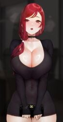 1girls big_breasts black_dress breast_squeeze c-77_hongryeon choker cleavage collar dress duto earrings female female_only huge_breasts last_origin light-skinned_female light_skin looking_at_viewer pink_eyes ponytail red_eyes red_hair short_dress solo tight_dress transparent_dress