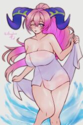 1girls ;p bare_arms bare_legs bare_shoulders breasts cleavage collarbone female female_only fire_emblem fire_emblem_heroes horns large_breasts legs long_hair naked_towel nerthuz_(fire_emblem) nintendo one_eye_closed pink_eyes pink_hair ponytail rotomdocs shoulders solo standing tongue tongue_out towel very_long_hair wink yellow_eyes