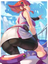 anna_kozuki ass ass_focus bare_shoulders bazooka blue_sky breasts curvaceous driving female female_only grin huge_ass index_finger_raised kazo large_breasts looking_at_viewer looking_back medium_hair multicolored_hair orange_hair pointy_hair red_hair salute shiny_skin short_hair shorts sky smile solo two-tone_hair weapon wide_hips yellow_eyes yu-gi-oh! yu-gi-oh!_zexal