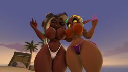 2023 2girls 3d 5_fingers beach big_nipples blue_nails breasts cloud dark-skinned_female duo duo_female female female_only frye_(splatoon) huge_breasts huge_nipples looking_at_viewer marina_(splatoon) nails nintendo nipples one_eye_closed only_female open_mouth panties peace_sign pink_and_purple pink_and_purple_panties pov puffy_nipples purple_and_pink rock sand sfm silverade55 source_filmmaker splatoon teasing_viewer tree water white_panties wide_hips yellow_eyes