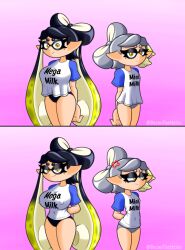 2girls angry bacontactician big_breasts breast_envy callie_(alterna) callie_(splatoon) cousins female_only gradient_background hidden_curves highres large_breasts light-skinned_female light_skin long_hair marie_(alterna) marie_(splatoon) mega_milk nipple_bulge nipples_visible_through_clothing panties petite pink_background shirt_only shirt_tighten_meme small_breasts smaller_female smug splatoon squid_sisters t-shirt/pajamas_challenge tacticalbacon84 twintails yellow_eyes