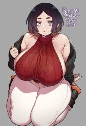 1girls breasts huge_breasts kneeling looking_at_viewer original ryo_agawa short_hair solo sweater thick_thighs