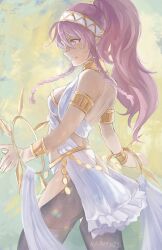 1girl 1girls 2d 2d_(artwork) 2d_artwork absurdres armlet ass back backless_outfit bare_back big_ass bracelet braid breasts clothed commentary_request cowboy_shot female female_focus female_only fire_emblem fire_emblem_awakening hairband highres jewelry kaphrin long_hair nintendo olivia_(fire_emblem) panties pink_eyes pink_hair ponytail small_breasts solo solo_female solo_focus standing twin_braids underwear white_hairband white_panties