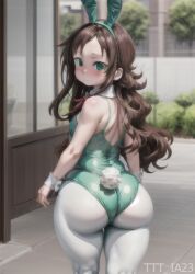 ai_generated ai_hands ass big_ass big_butt big_thighs blush brown_hair bunny_ears bunnysuit fat_ass flat_chest green_eyes kobayashi-san_chi_no_maidragon long_hair saikawa_riko town