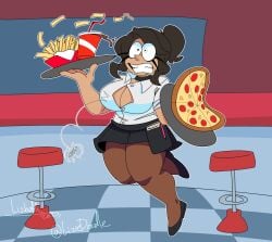 boob_window breasts brown_hair bursting_breasts button_down_shirt female footwear holding_object leggings lizielewddle lizielewddle_(character) pizza_tower short_hair skirt tagme