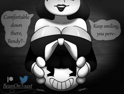 1boy 1girls alice_angel beanontoast bendy bendy_and_the_ink_machine big_breasts black_and_white black_hair boobs bowtie breasts_on_head clothed larger_female size_difference smaller_male