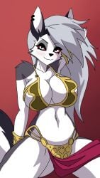 2d animated anthro belly_button black_nose clothed clothing earrings english_voice_acting fur grey_hair hair handwear helluva_boss kato777 lightsaber long_hair looking_at_viewer loona_(helluva_boss) moxxie_(helluva_boss) mp4 no_humans open_mouth ravern_clouk red_background sharp_teeth short_playtime slave_leia_(cosplay) sound star_wars tagme tail teeth tongue video voice_acted white_eyes