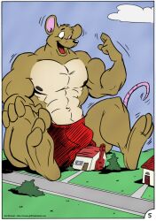 2010 3_toes 4_fingers anthro big_abs big_biceps big_bulge big_muscles big_pecs big_quads biped body_size_growth border brown_body brown_fur building bulge clothing color_edit colored comic cooner english_text feet fingers flexing_bicep fur grass growth growth_sequence hi_res house macro male mammal mouse murid murine muscle_growth muscular muscular_anthro muscular_male navel nipples notveryathletic open_mouth page_5 page_number pecs plant red_clothing red_underwear rodent shrub sitting size_transformation sky smile solo spread_legs spreading street tail text third-party_edit toes toony transformation tree underwear url white_border