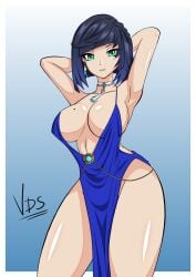 1girls arms_behind_head big_breasts blue_dress blue_hair breasts cleavage clothing dark_blue_hair dress ear_piercing earrings female female_only genshin_impact green_eyes hair hands_behind_head hips hoyoverse huge_breasts mature mature_female mature_woman mole mole_on_breast necklace neckwear pelvic_curtain short_hair smile solo solo_female thighs vdrawstuff wide_hips yelan_(genshin_impact)