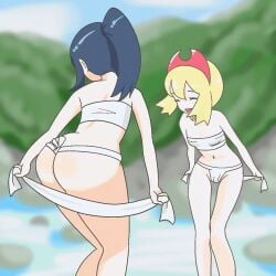 2d 2d_animation 2girls akari_(pokemon) animated animated_gif ass ass_focus bandage bathing female_focus female_only fundoshi gif irida_(pokemon) microsd_(artist) pokemon pokemon_legends:_arceus shaking_butt small_breasts