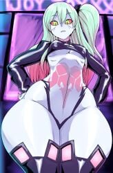 1girls alternate_hairstyle bottom_heavy breasts clothing cyberpunk:_edgerunners dialogue female female_only front_view green_hair hands_on_hips looking_at_viewer rebecca_(edgerunners) shortstack small_breasts solo thecon thick_thighs thighhighs thunder_thighs wide_hips