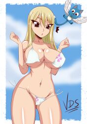 1boy 1girls :o alternate_version_available big_breasts bikini bikini_bottom bikini_top black_eyes blonde_hair breasts cleavage fairy_tail feline female female_focus hair happy_(fairy_tail) hips huge_breasts long_hair lucy_heartfilia thighs vdrawstuff wardrobe_malfunction white_bikini wings