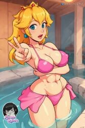 abs ai_assisted ai_generated bikini blonde_hair blue_eyes bulge_quest crown earrings huge_breasts jewelry mario_(series) nintendo princess princess_peach toned toned_female wet wide_hips