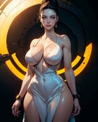 ai_generated big_breasts busty capcom cleavage dark_hair dress earrings excella_gionne expensive fr34ky hair_bun huge_breasts huge_cleavage necklace resident_evil resident_evil_5 thick thick_thighs top_heavy wide_hips