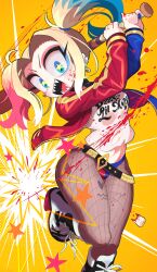 baseball_bat belt blonde_hair blood blue_eyes blush crop_top dc fishnets gashi-gashi harley_quinn holding holding_object jacket sharp_teeth shorts smile sneakers star_shaped_pupils tagme teeth torn_clothes uejini