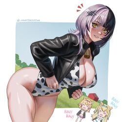 2d 3girls ^_^ absurdres animal_ears animal_print barking bell black_hair black_jacket blonde_hair blush border breasts cleavage closed_eyes cow_print cowbell dog_ears dog_girl farm female female_only fuwamoco fuwawa_abyssgard grey_hair grin hair_ornament hairband highleg highleg_swimsuit highres hololive hololive_english hololive_english_-advent- jacket jellyfish_cut large_breasts leaning_forward leotard light-skinned_female light_skin mococo_abyssgard multicolored_hair multiple_girls neck_bell notice_lines one-piece_swimsuit pale-skinned_female pale_skin seventeencrows shiori_novella siblings sisters smile solo_focus split-color_hair streaked_hair swimsuit thighs twins two-tone_hair virtual_youtuber white_border yellow_eyes