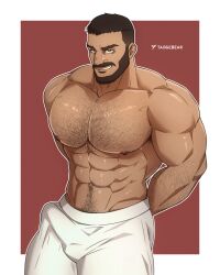 1boy 2023 bara bara_tits barazoku beard bulge castlevania castlevania_(netflix) castlevania_nocturne erection_under_clothes facial_hair gay hairy hairy_chest hairy_male looking_at_viewer male male_focus male_nipples male_only male_pubic_hair manly mizrak muscular_male nipples penis_outline solo solo_male taogebear yaoi