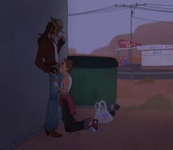 alley back_alley blowjob cigarette dumpster fully_clothed gay gay_blowjob male/male nebulousmedic oral oral_penetration oral_sex public public_blowjob public_sex scout_(team_fortress_2) self_upload smoking sniper_(team_fortress_2) team_fortress_2