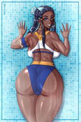 1girls alternate_version_available ass back back_view backboob big_ass black_hair blue_nail_polish blue_nails blue_swimsuit bottomwear breasts ear_piercing earrings female female_only game_freak hair hoop_earrings huge_ass large_ass long_hair nail_polish nails nessa_(pokemon) niramoli pokemon pokemon_ss smile solo solo_female swimsuit swimwear thick_thighs thighs topwear