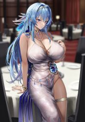 1girls bangs bare_shoulders blue_eyes blue_hair blurry_background blush bracelet breasts cleavage cowboy_shot depth_of_field dress female_only fuooooo goddess_of_victory:_nikke hair_ornament halter_dress helm_(chandelier)_(nikke) helm_(nikke) huge_breasts indoors jewelry leaning_on_object long_hair looking_at_viewer necklace solo sweat sweatdrop table thigh_strap thighs