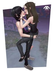 1boy 1girls alexis_(andava) andava andavaverse black_eyeshadow black_fingernails black_hair black_nails brown_hair carrying carrying_partner cassie_ramírez closed_eyes eyeshadow female femboy french_kiss french_kissing goth goth_boy goth_girl kissing light-skinned_female light-skinned_male long_hair male male_with_painted_nails medium_hair messy_hair narrowed_eyes no_sex non-nude outdoors saliva_string side_view sleeveless standing straight tongue_kiss very_high_resolution